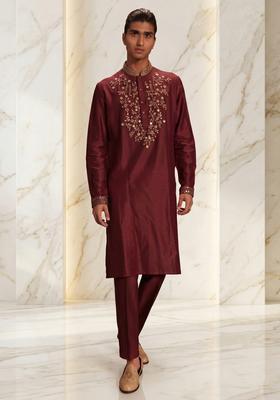 Maroon Silk Blend Handwork Kurta Set