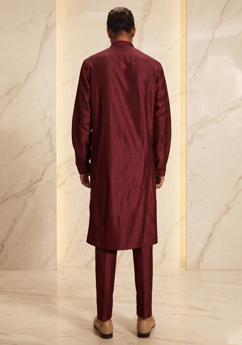 Maroon Silk Blend Handwork Kurta Set - Indya