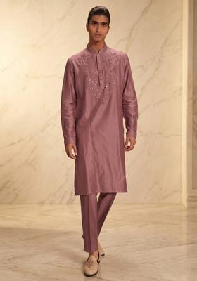 Mauve Silk Blend Handwork Kurta Set