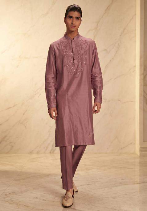 Mauve Embroidered Handwork Kurta Set