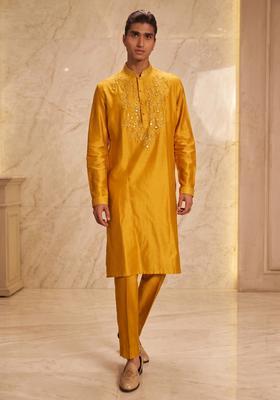 Mustard Silk Blend Handwork Kurta Set