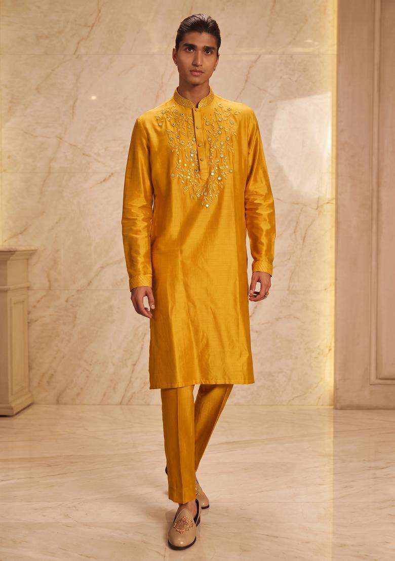 Mustard Silk Blend Handwork Kurta Set - Indya