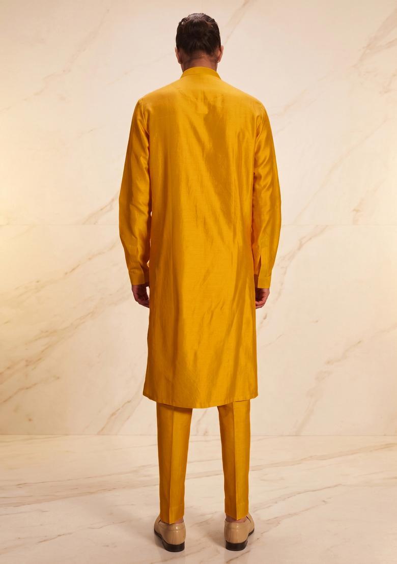 Mustard Silk Blend Handwork Kurta Set - Indya