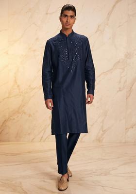 Navy Blue Silk Blend Handwork Kurta Set