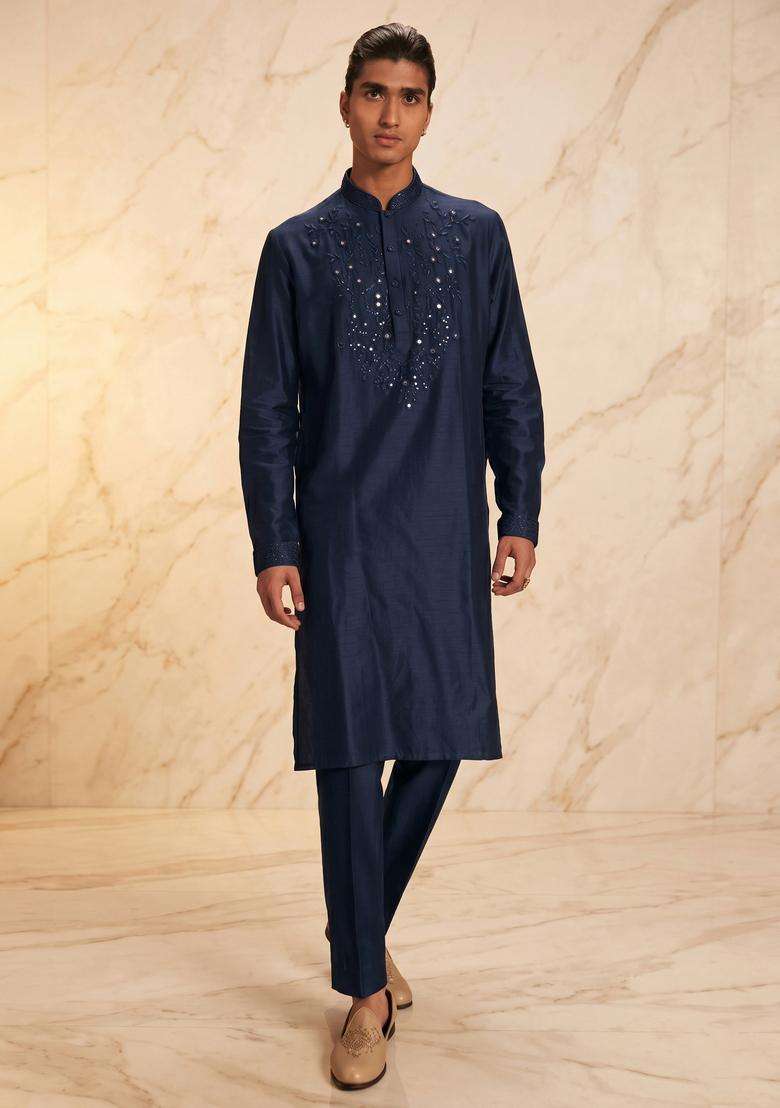 Navy Blue Silk Blend Handwork Kurta Set - Indya