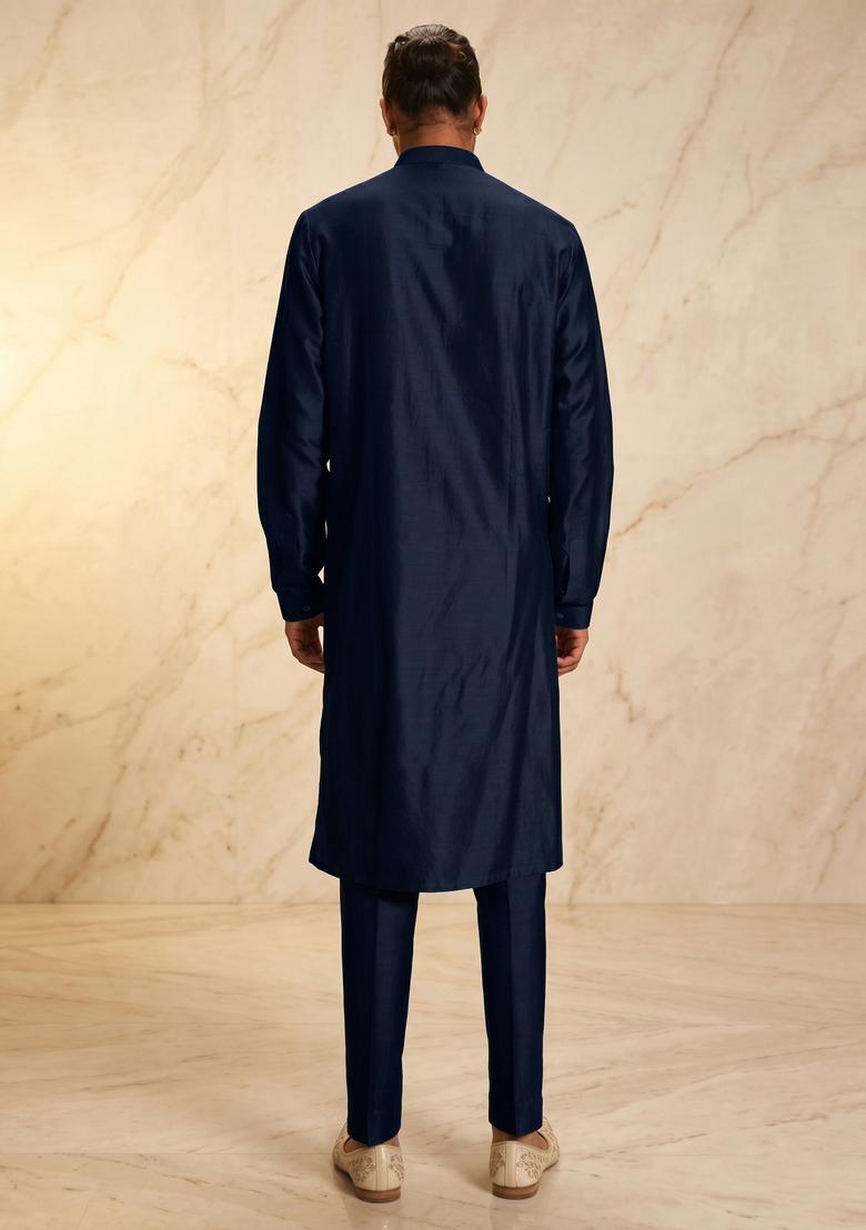 Navy Blue Silk Blend Handwork Kurta Set - Indya