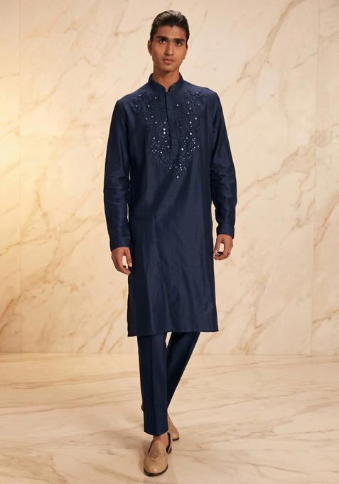 Navy Blue Embroidered Handwork Kurta Set