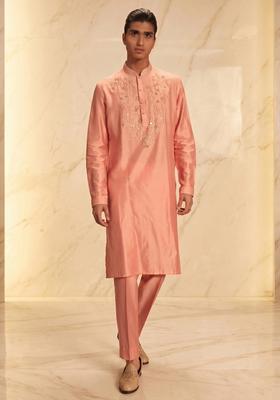 Peach Silk Blend Handwork Kurta Set