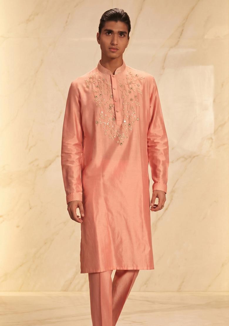 Peach Silk Blend Handwork Kurta Set - Indya