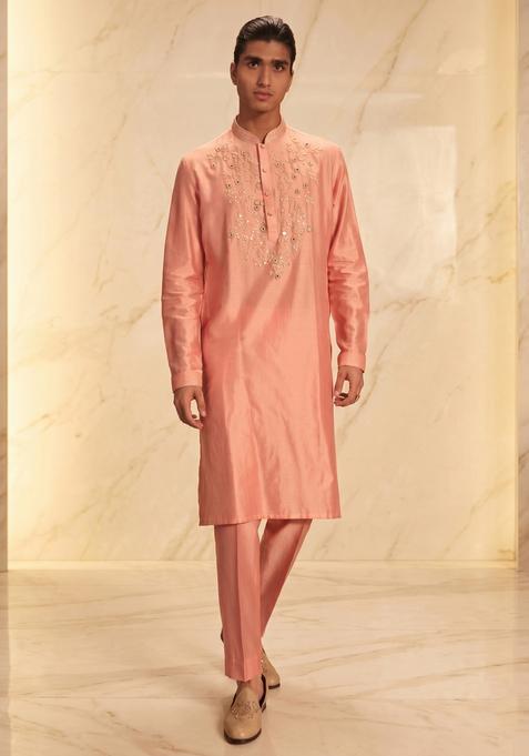 Peach Embroidered Handwork Kurta Set