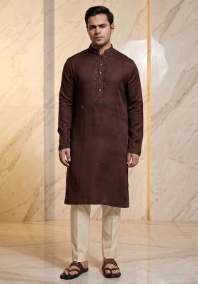 Brown Silk Blend Handwork Kurta Set