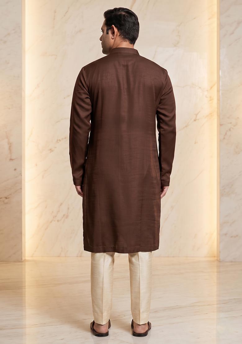 Brown Silk Blend Handwork Kurta Set - Indya