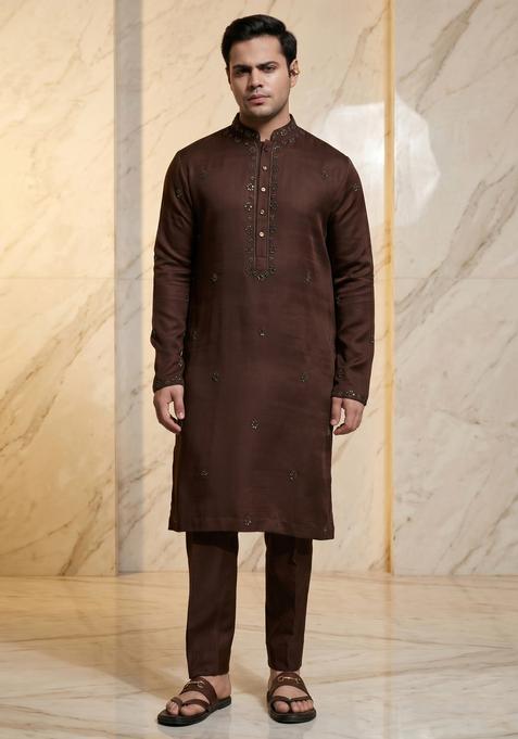 Brown Embroidered Handwork Kurta Set