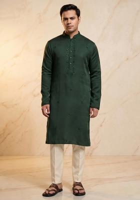 Forest Green Silk Blend Handwork Kurta Set