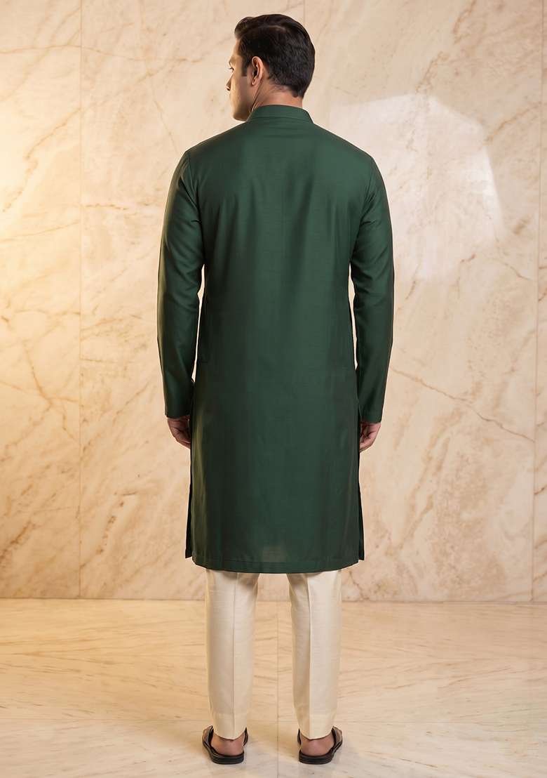 Forest Green Silk Blend Handwork Kurta Set - Indya