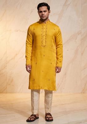 Mustard Silk Blend Handwork Kurta Set