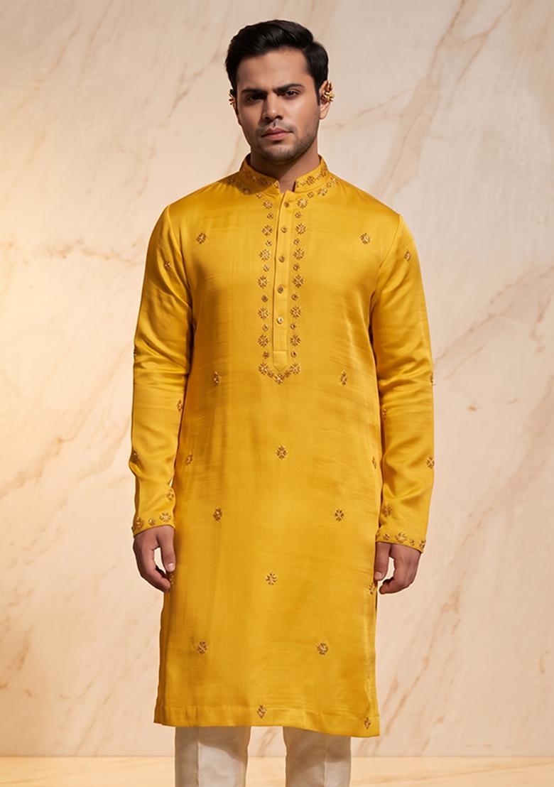 Mustard Silk Blend Handwork Kurta Set - Indya