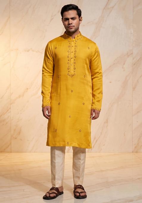 Mustard Embroidered Handwork Kurta Set