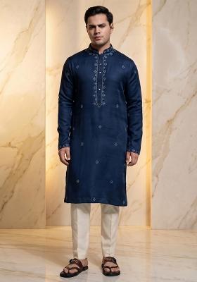Navy Blue Silk Blend Handwork Kurta Set