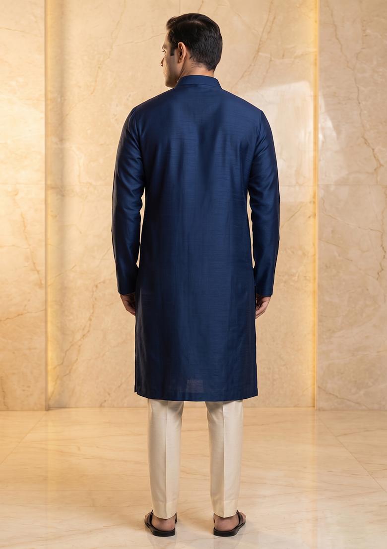 Navy Blue Silk Blend Handwork Kurta Set - Indya