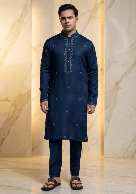 Navy Blue Embroidered Handwork Kurta Set