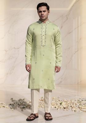 Pastel Green Silk Blend Handwork Kurta Set