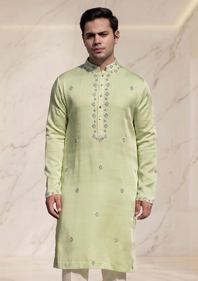 Pastel Green Silk Blend Handwork Kurta Set - Indya