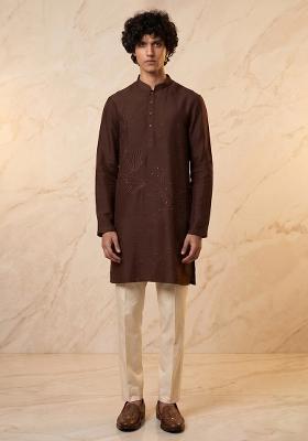 Brown Silk Blend Handwork Kurta Set