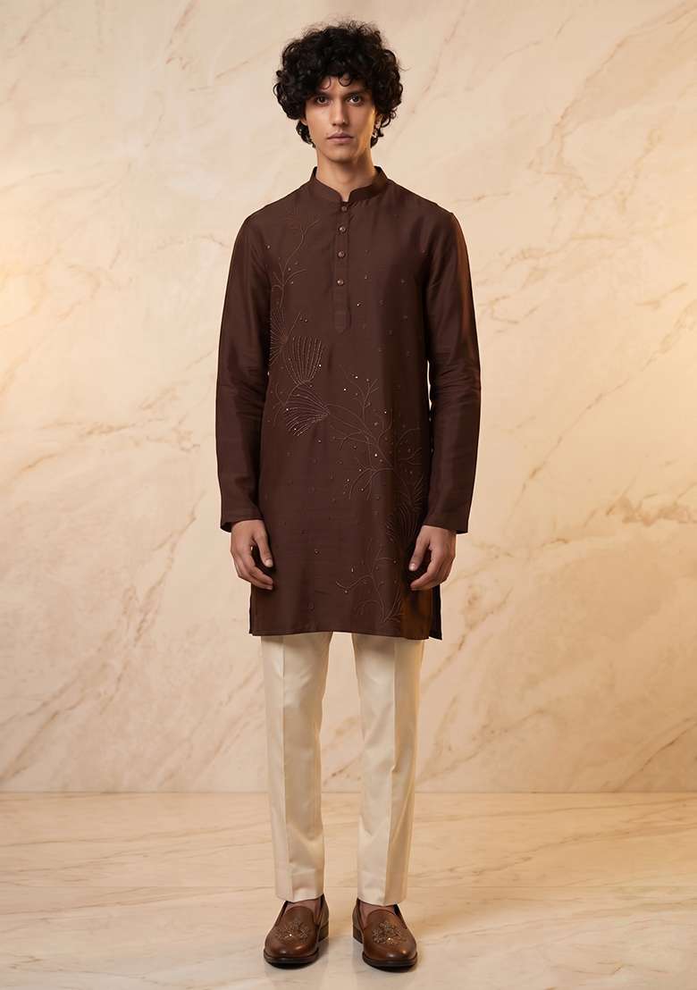 Brown Silk Blend Handwork Kurta Set - Indya