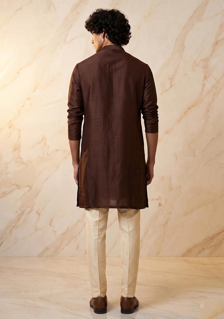 Brown Silk Blend Handwork Kurta Set - Indya