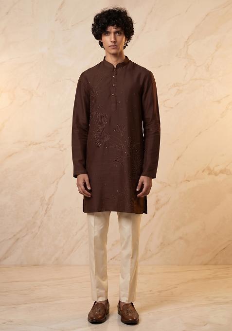 Brown Embroidered Handwork Kurta Set