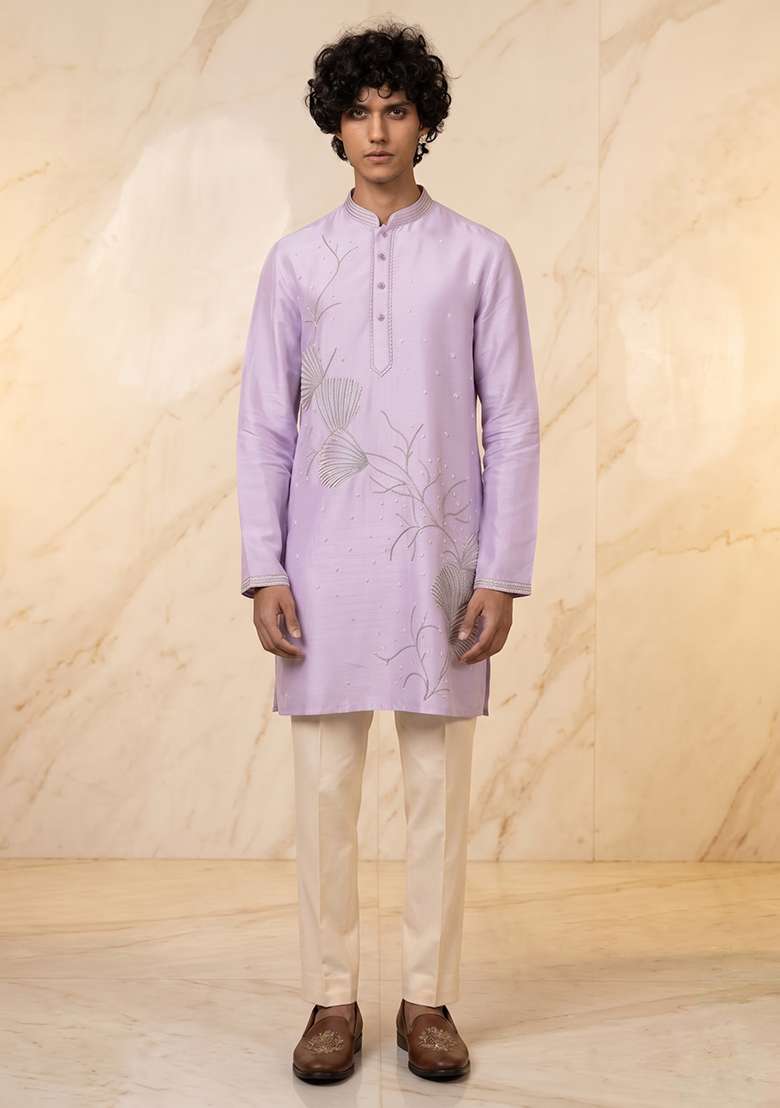 Lilac Silk Blend Handwork Kurta Set - Indya