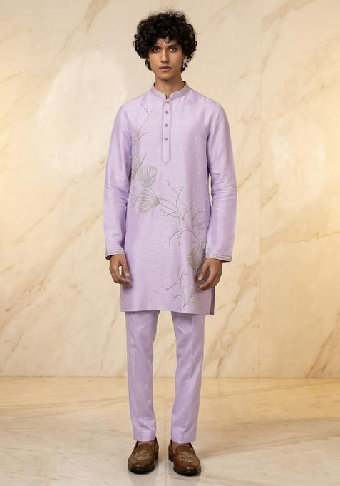 Lilac Embroidered Handwork Kurta Set