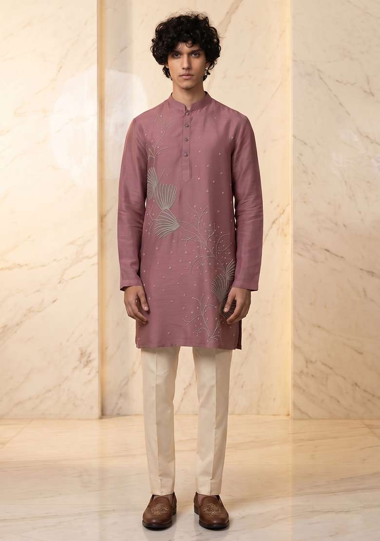Mauve Silk Blend Handwork Kurta Set - Indya