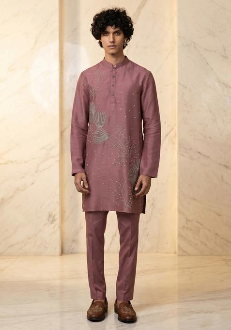 Mauve Embroidered Handwork Kurta Set