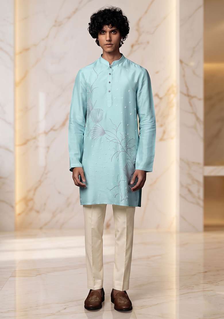 Sky Blue Silk Blend Handwork Kurta Set - Indya
