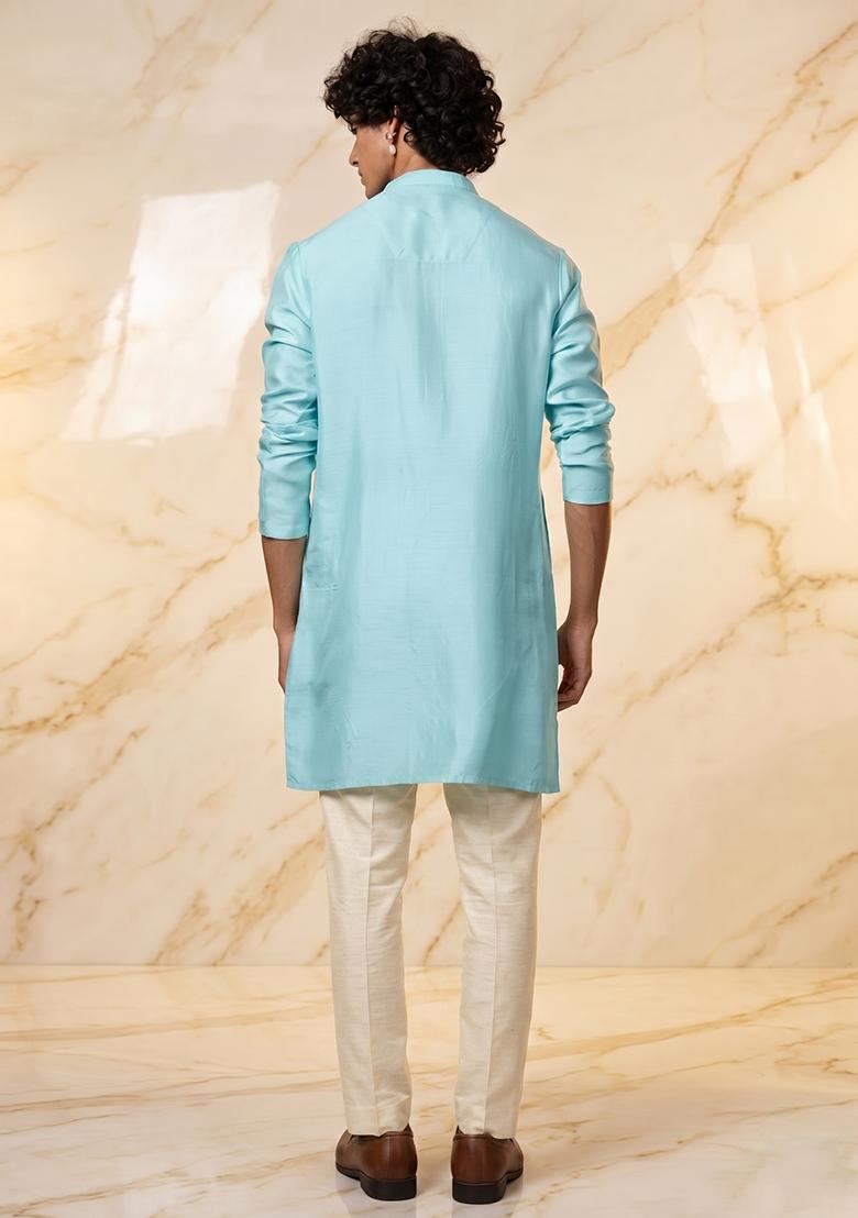 Sky Blue Silk Blend Handwork Kurta Set - Indya