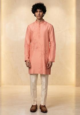 Peach Silk Blend Handwork Kurta Set