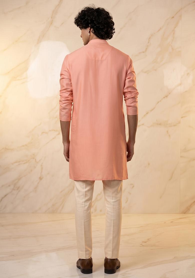 Peach Silk Blend Handwork Kurta Set - Indya
