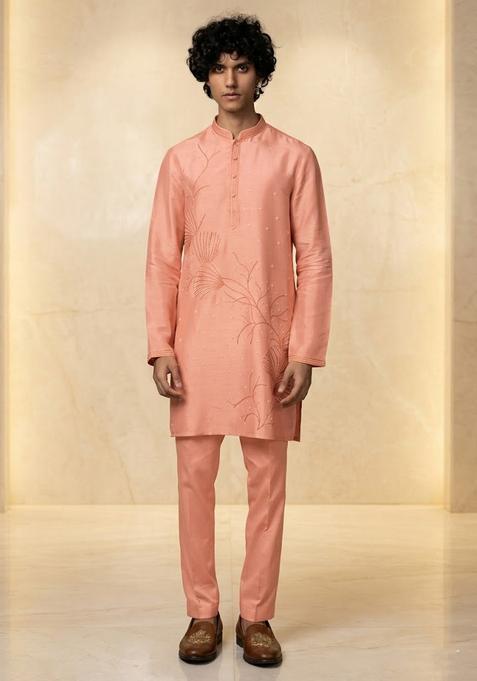 Peach Embroidered Handwork Kurta Set