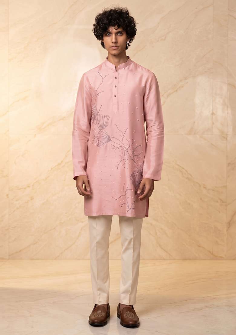 Pink Silk Blend Handwork Kurta Set - Indya