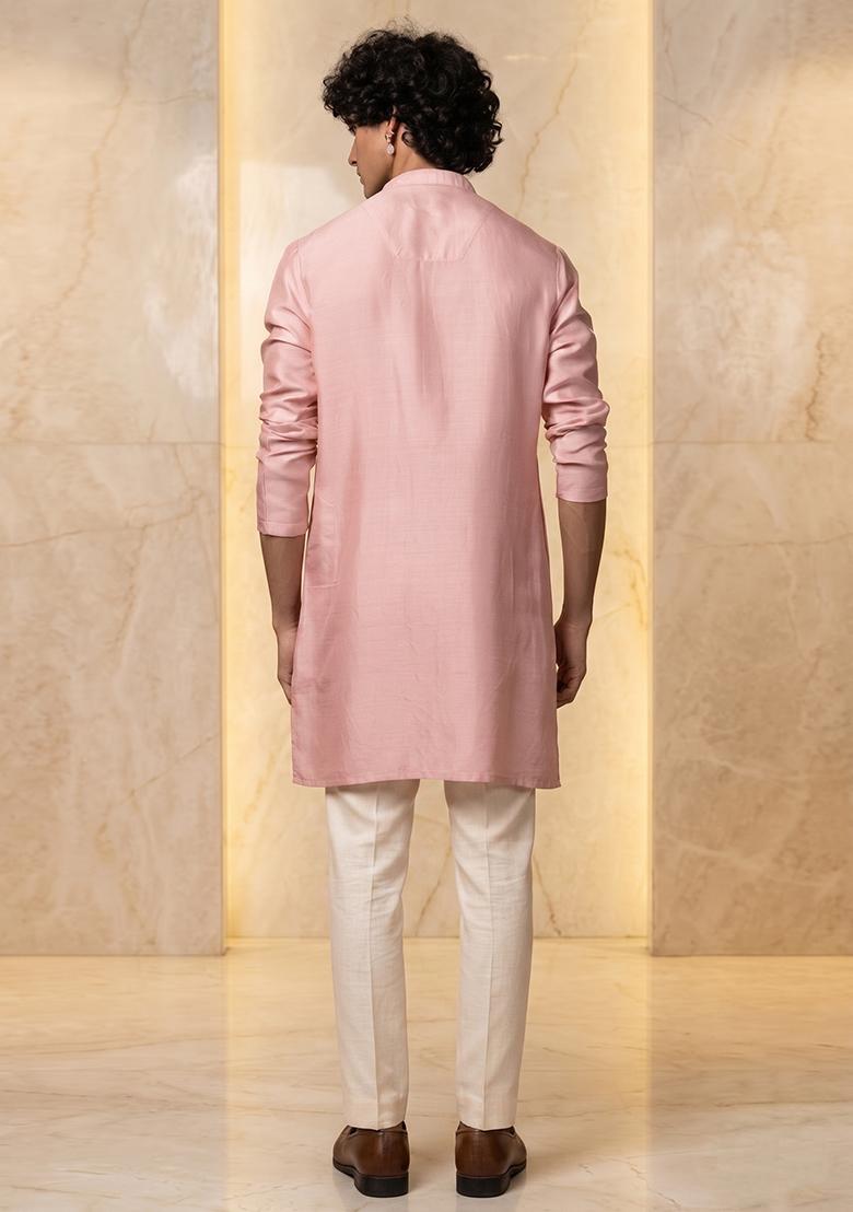 Pink Silk Blend Handwork Kurta Set - Indya