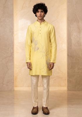 Yellow Silk Blend Handwork Kurta Set