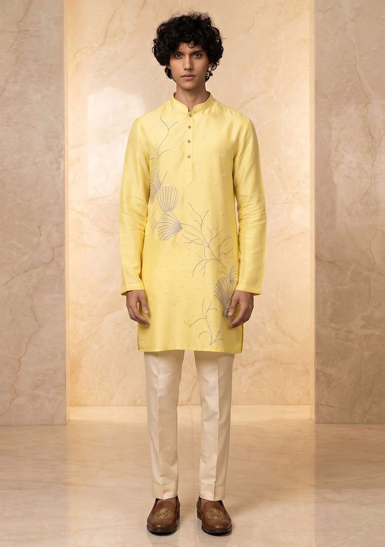 Yellow Silk Blend Handwork Kurta Set - Indya