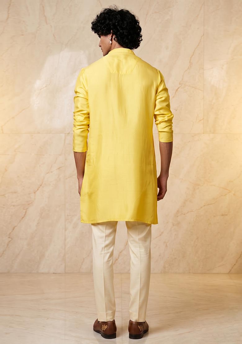 Yellow Silk Blend Handwork Kurta Set - Indya