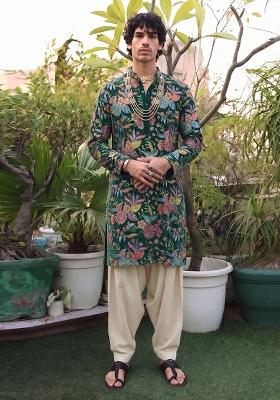 Bottle Green Printed Crepe Kurta Set For Men