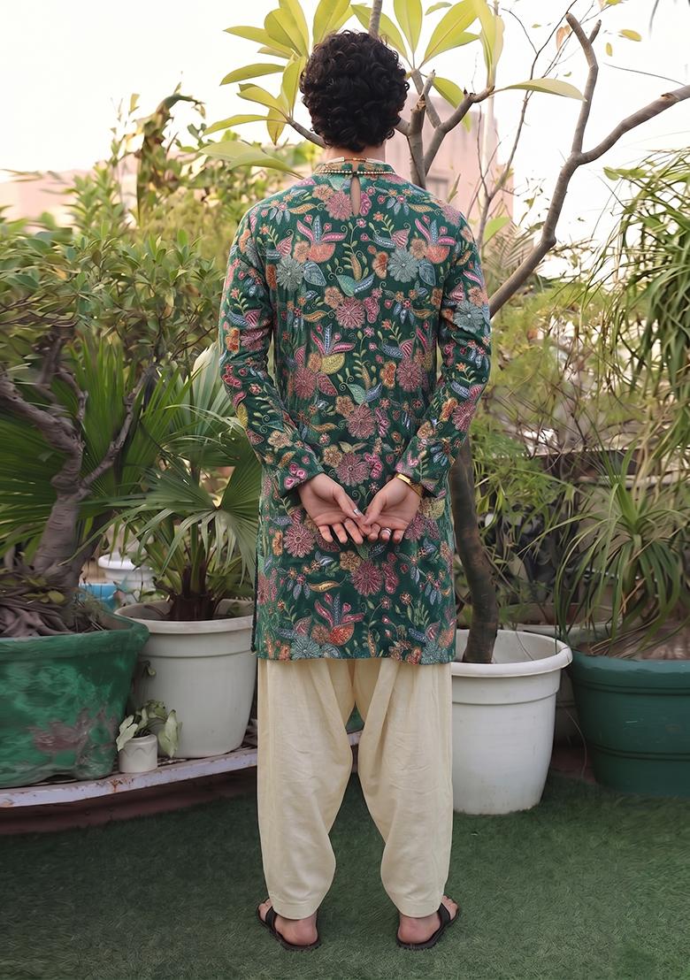 Bottle Green Printed Crepe Kurta Set For Men - Indya