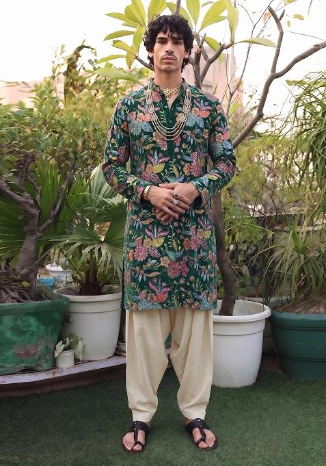 Bottle Green Printed Crepe Kurta Set For Men