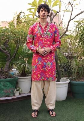 Rani Pink Printed Crepe Kurta Set For Men
