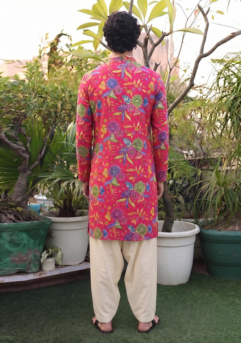 Rani Pink Printed Crepe Kurta Set For Men - Indya